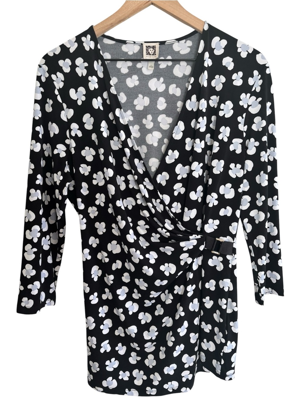 Anne Klein Faux Wrap Floral Blouse Top L Black White 3/4 Sleeve Career Office